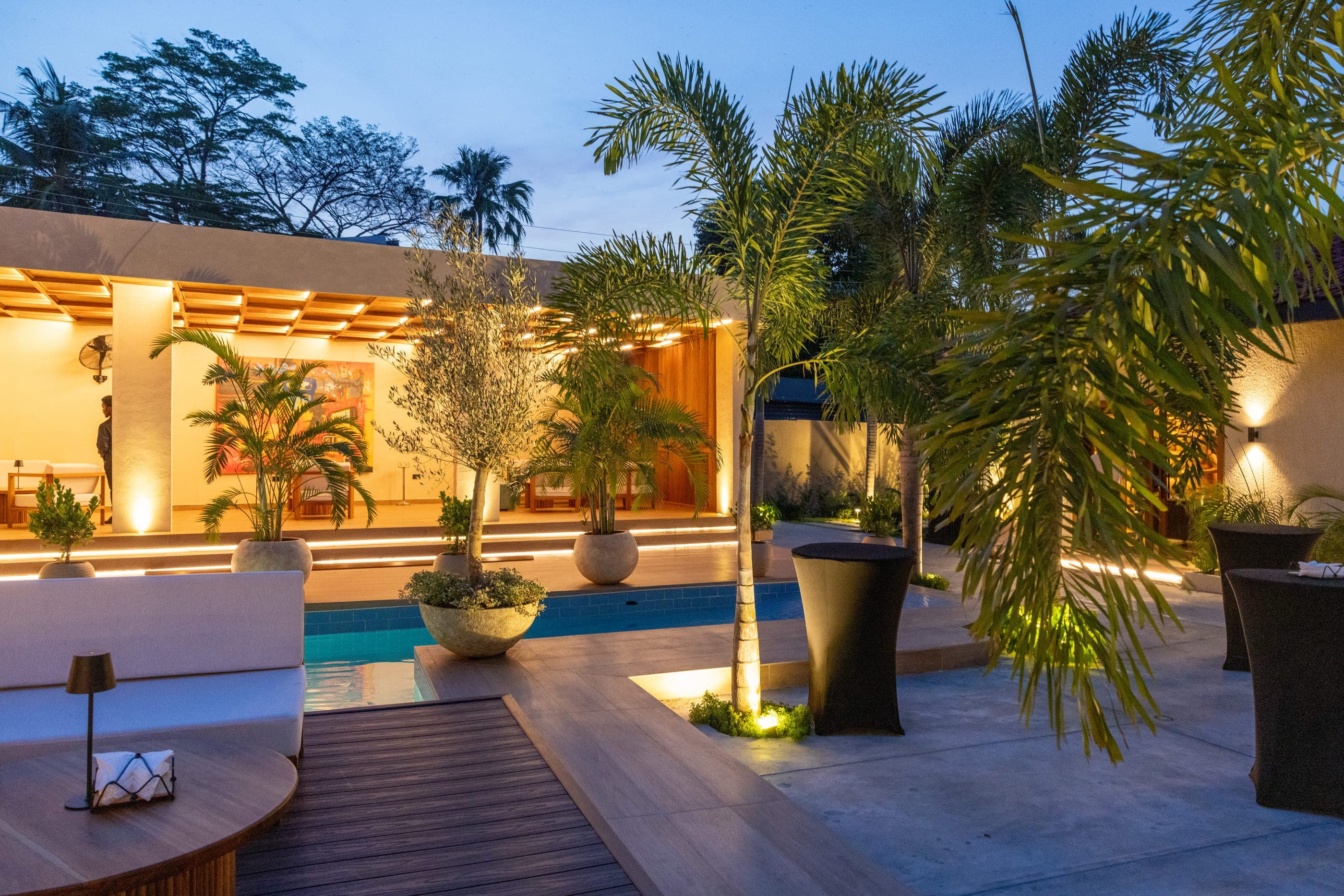 The pool at blue hour, lit palms and low lounge seating along the deck